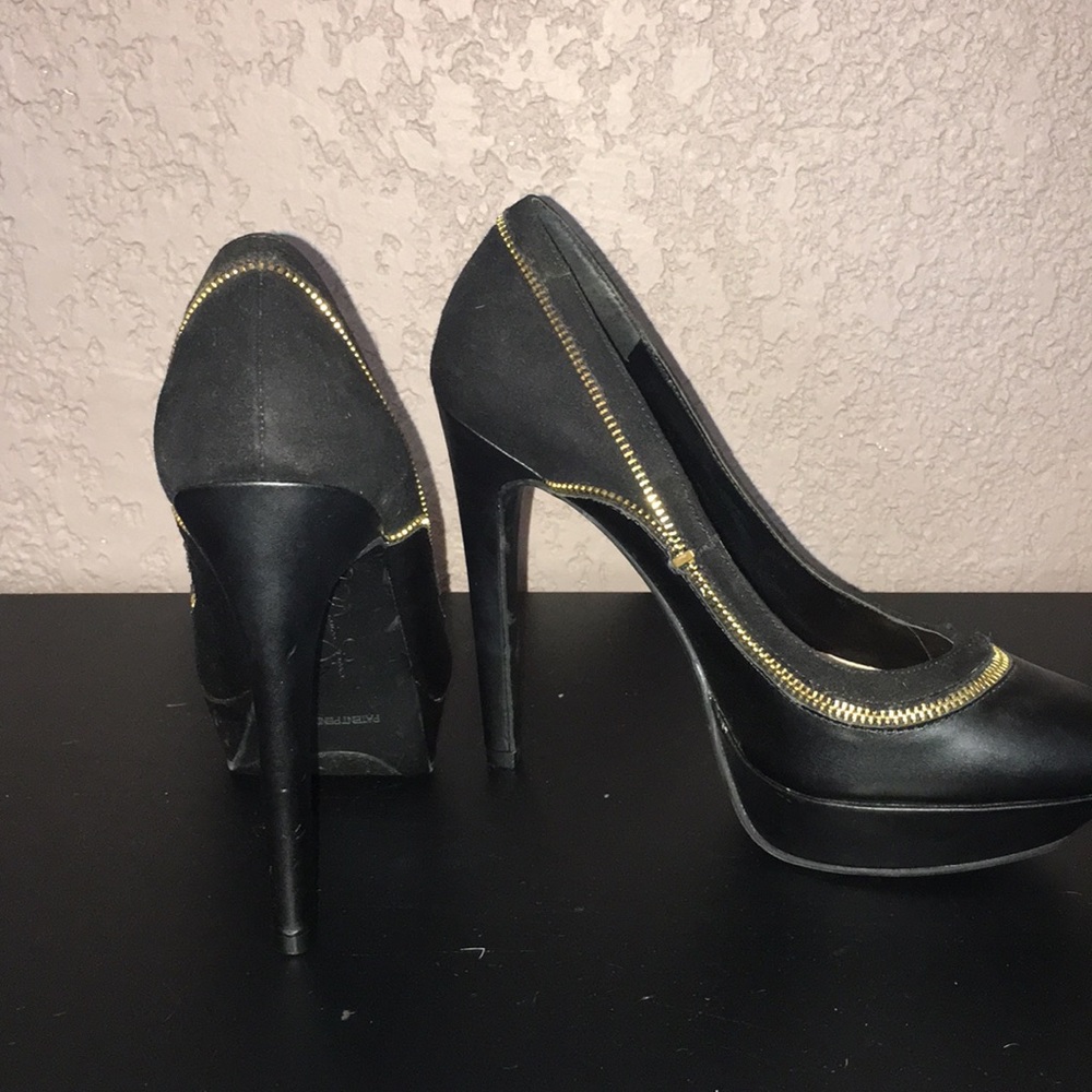 Black velour, gold stitched heals